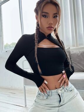 Cutout Long Sleeve Crop Top Pearl Detail | Y2K Slim Fit Going Out Top